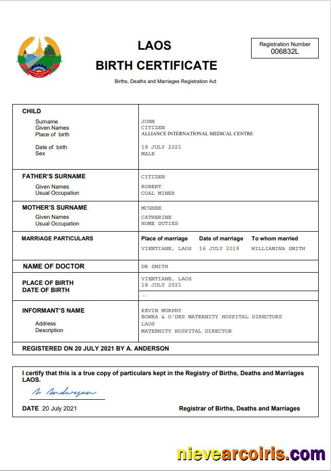 Laos birth certificate